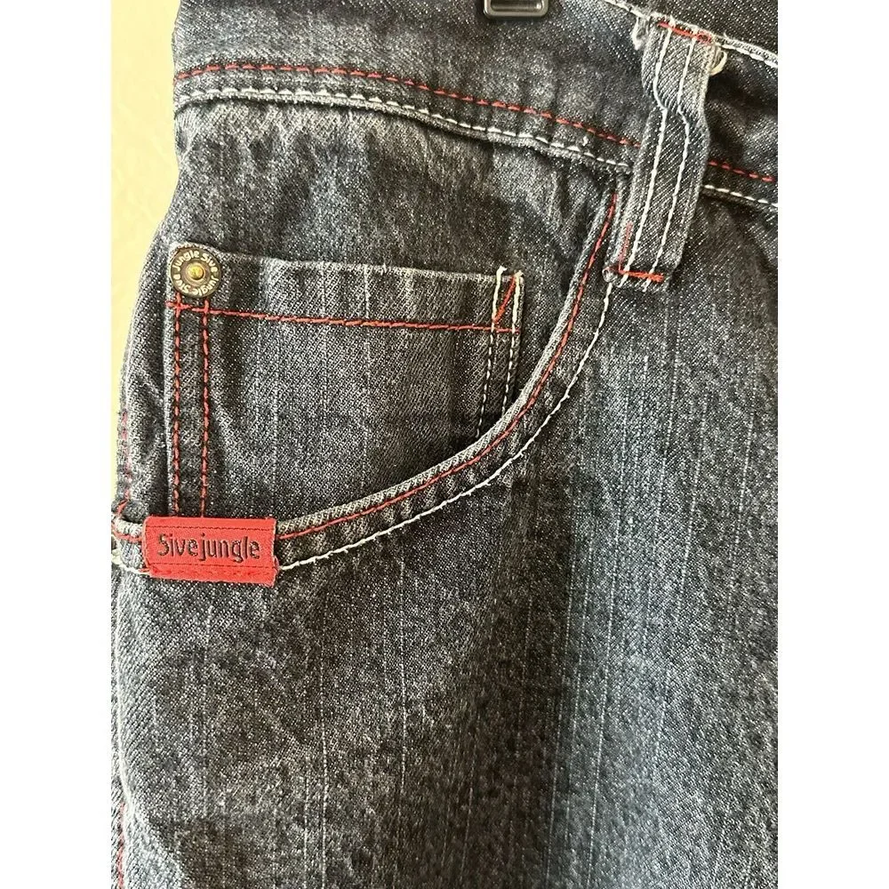 5ive Jungle Black Shorts Men Denim Baggy Hip Hop Y2K Red Chain Stitching‎ Sz 40